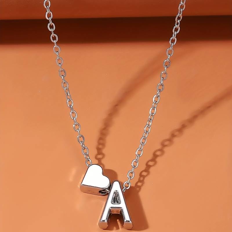 El Regalo Heart A Initial Letter Pendant Necklace- Stainless Steel A Heart Necklace for Girls & Women (Silver)
