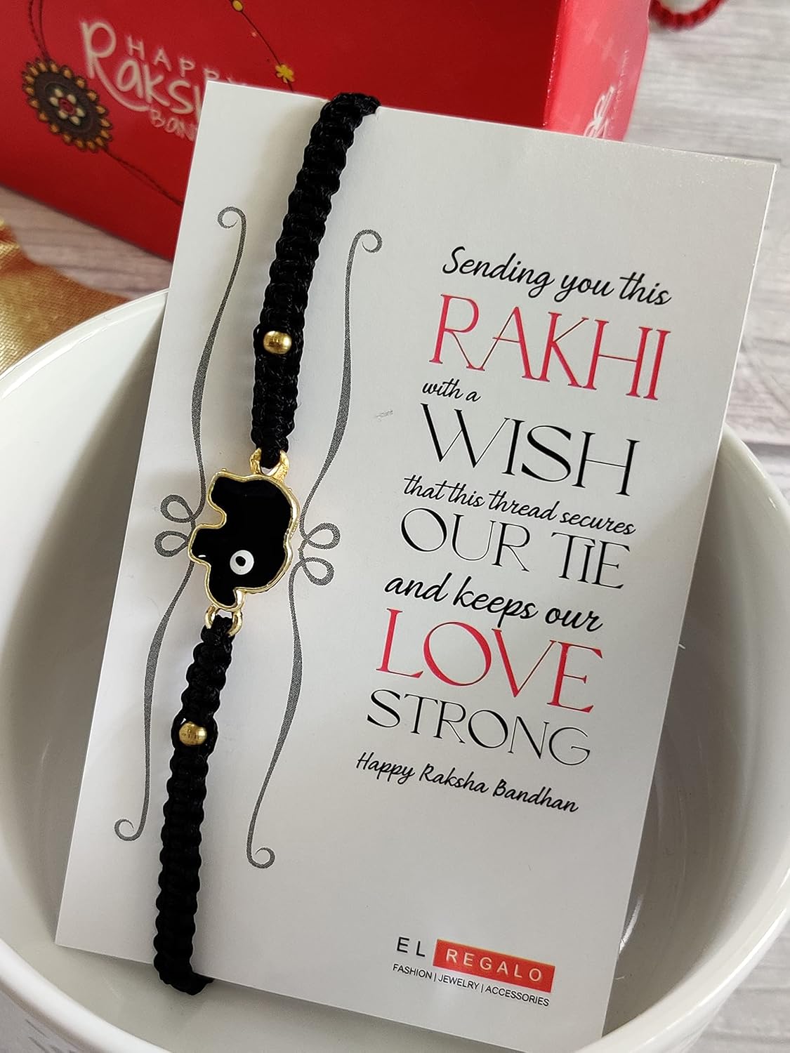 El Regalo 1PC Elephant Evil Eye Rakhi for Brother with & Message Card in Gift Box (Black Elephant Black Rakhi)