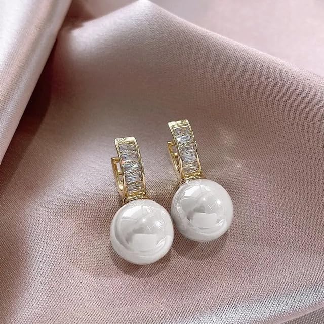 El Regalo Premium Inlaid CZ Pearl Hoop Earrings for Women & Girls | Elegant Korean Style Pearl Drop Huggie Earrings | Party, Wedding & Daily and Office Jewelry (White)