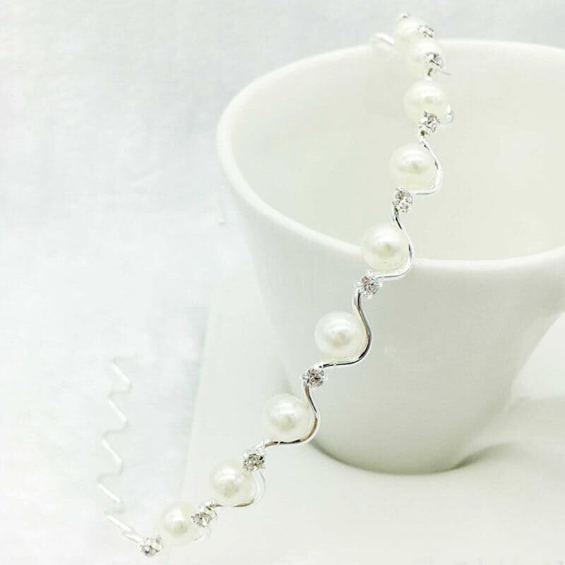 El Regalo Womens & Girls 3 Pcs Pearls Reheinstnes Hairbands Set- 3Pcs Wave Shape Headbands Pearls Rhinestones Inalid Fashion Hair Bands