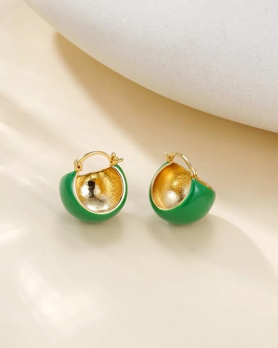 El Regalo Chunky 18K Gold Plated Enamel Hoop Earrings for Women & Girls | Elegant Bold Teardrop Huggie Hoops | Fancy Western Statement Jewellery | Glossy Curved Design for Casual Wear, Office & Party (Emerald Forest Green)