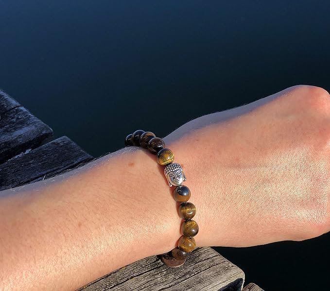 El Regalo 1PC Natural Tiger Eye Beads Stretch Unisex Bracelet for men & Women with Hamsa Hand, Rudraksha, Elephant & Budhdha Charms (Budhdha Tiger Eye Bracelet)