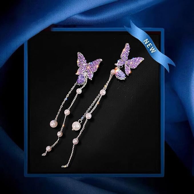 El Regalo Purple Butterfly CZ Pearl Tassel Earrings - Elegant Violet Gemstone Earrings with Delicate Design for Women