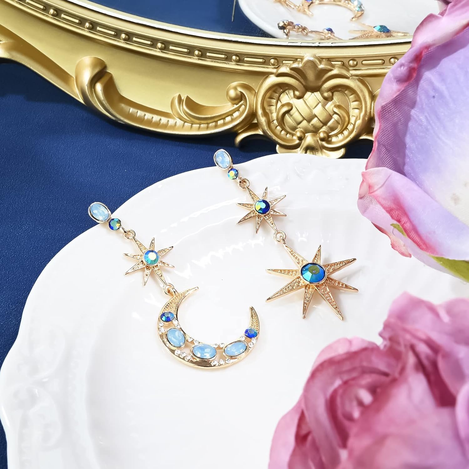 El Regalo Bohemian Moon Star Asymmetric Tassel Earrings- Crystal Moon & Sun Drop Earrings Long Retro Exquisite Punk Style Jewellery for Women Girls