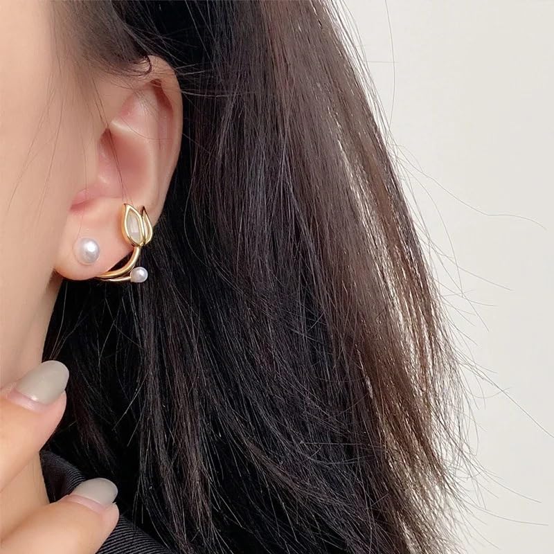 El Regalo Tulip Flower Pearl Cuff Jacket Earrings For Girls Women- Unique French Style Flower Cat's Eye Stone Front Back Climbers Crawler Earrings