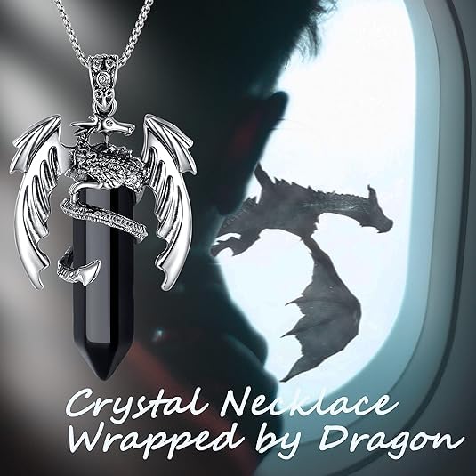 El Regalo Goth Gothic Viking Dragon Crystal Pendant Necklace for Men & Boys | Dragon Wing Necklace | Punk Biker Fantasy Statement Jewelry (Black)