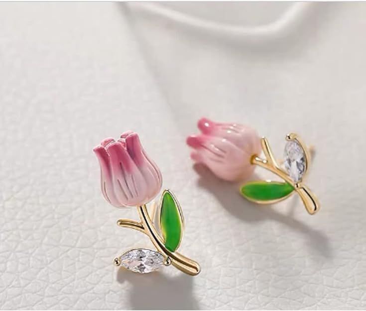 El Regalo Cute & Tiny Pink 3D Tulip Flower CZ Crystal Stud Earrings for Girls & Women