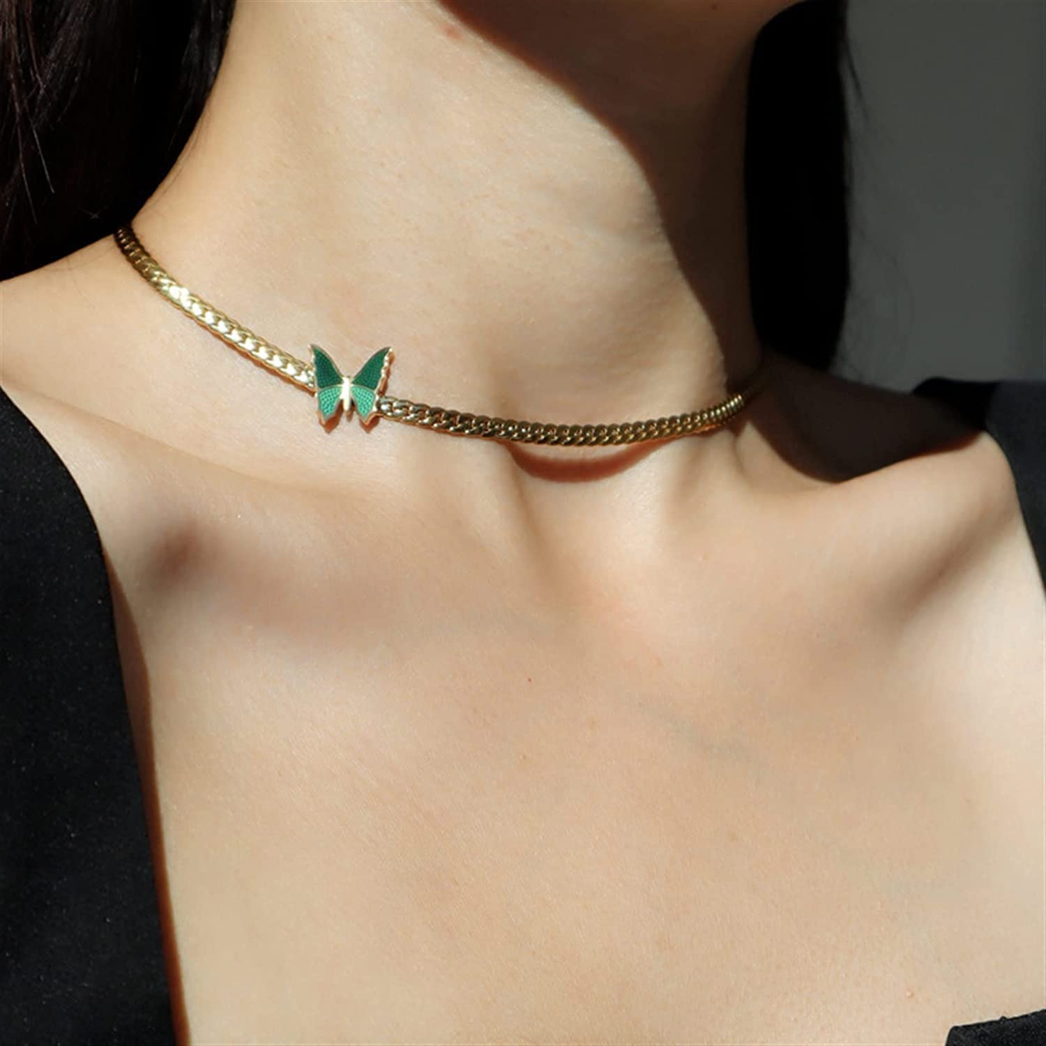 El Regalo 18K Gold Waterproof Vintage Green Enamel Butterfly Choker Cuban Chain Necklace- Stainless Steel NO RUST/ANTI TARNISH Butterfly Flat Snake Chain Necklace for Girls & Women