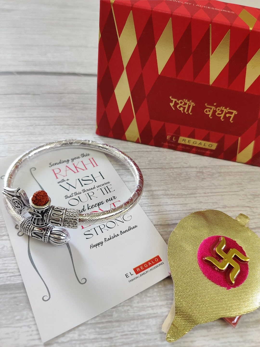 El Regalo Trident Rudraksha Kada Bracelet Rakhi for Brother/Bhai- Rudraksha Trishool Silver Plated Rakhi for Bhaiya with Roli Chawal, Card in Rakhi Gift Box