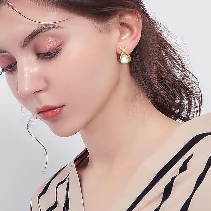 El Regalo Classic Cross Pearl Stud Earrings - Modern Geometric Triangle Design with Faux Pearls - Lightweight and Comfortable- Elegant Gift for Women