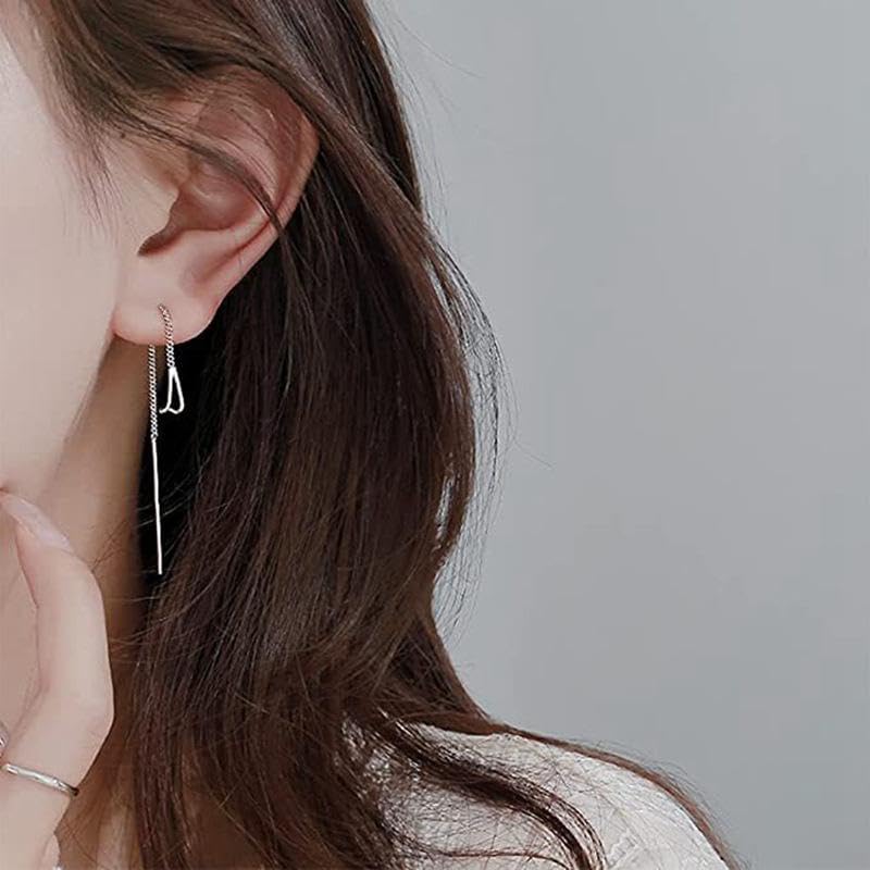 El Regalo Minimalist Threader Earrings for Women | Long Chain Drop Dangle Earrings | Elegant Pull Through Ear Thread Earrings | Sui Dhaga Tassel Threaders (Silver Drop Threader)