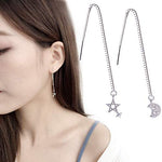 El Regalo 925 Silver Plated Minimalist Long Thin Linear CZ Elegant Threader Dangle Chain Earrings for Girls & Women (Moon Sun Threaders)