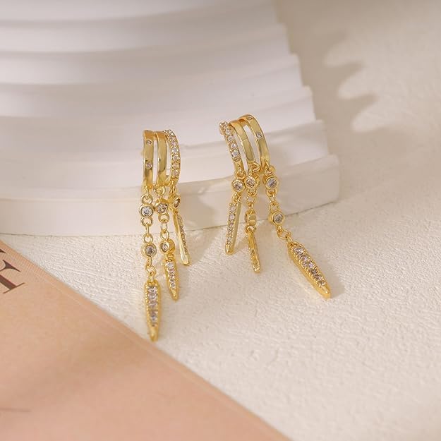 El Regalo Elegant Triple Huggie Hoop Earrings for Girls & Women | Illusion 3-in-1 Stacked Drop Earrings with Dangle Charms | Single Piercing Statement Jewellery | Ideal Gift for Girls & Women