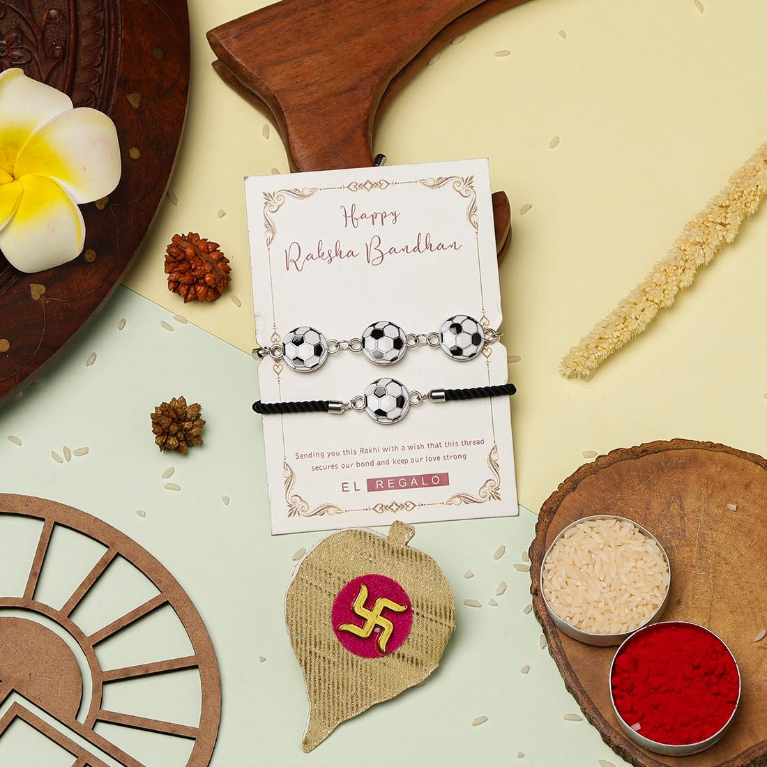 El Regalo Quirky 2PC Sports Rakhi Set for Brother | Rakhis Combo Set for Brother/Niece/Nephew- Kids Rakhi for Sports Lovers Bhai with Roli-Chawal, Message Card in Rakhi Gift Box (Option-2)