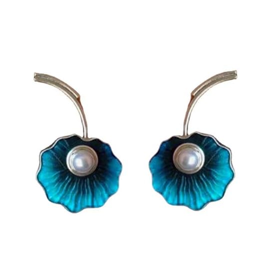 El Regalo Women's & Girl's Gorgeous Roast Blue Pearl Cloisonne Lotus Earrings- Vintage Blue Enamel Lotus Leaf Drop Freshwater Pearl Earrings