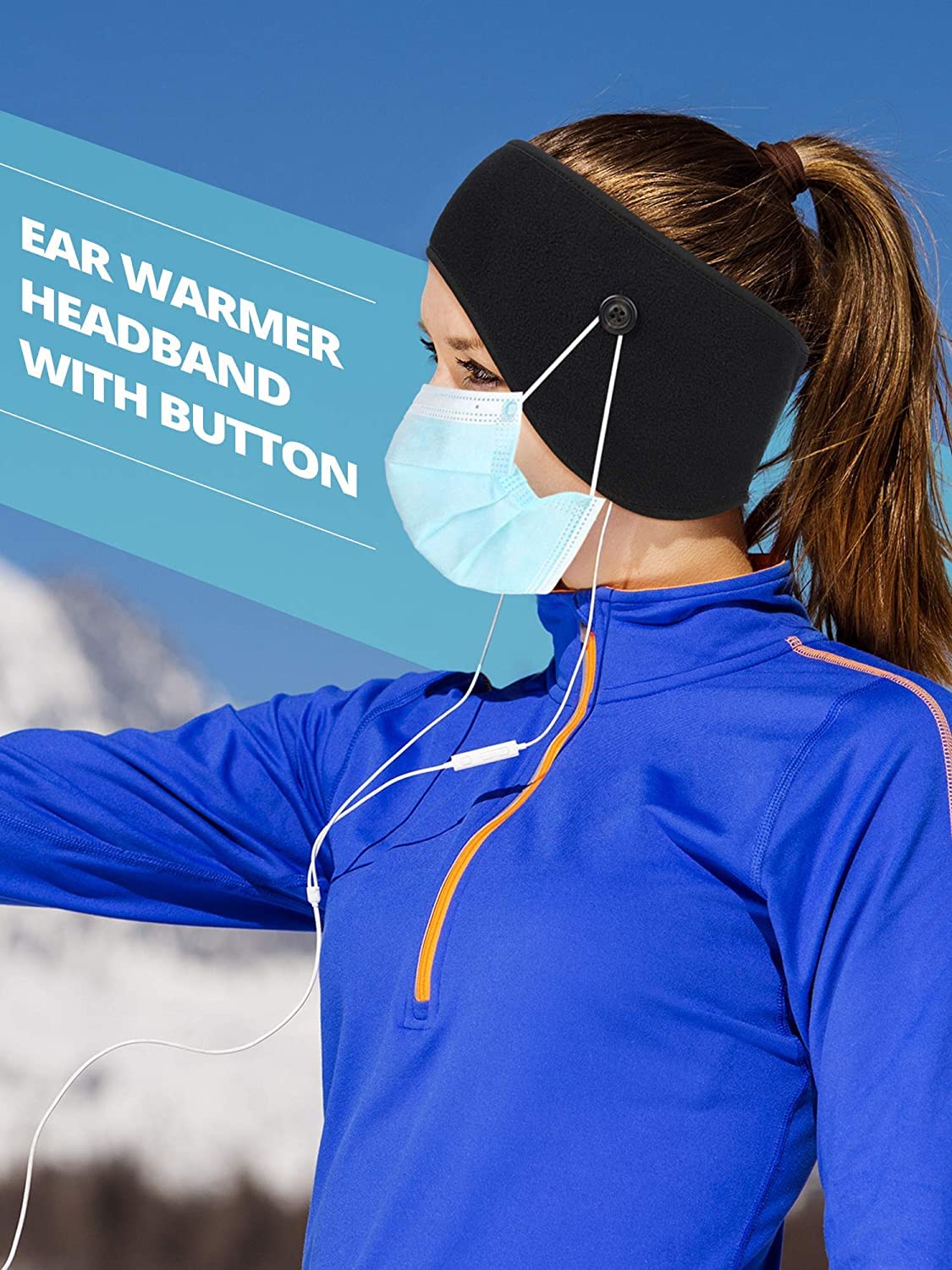 El Regalo 2 PCs Winter Fleece Ear Warmers Headband with Buttons for Facemask - Winter Ear Muffs for Men Women Boys & Girls in Cold Weather, Running Yoga Skiing Riding Bike Ear Cover (Neon Blue & Blue)