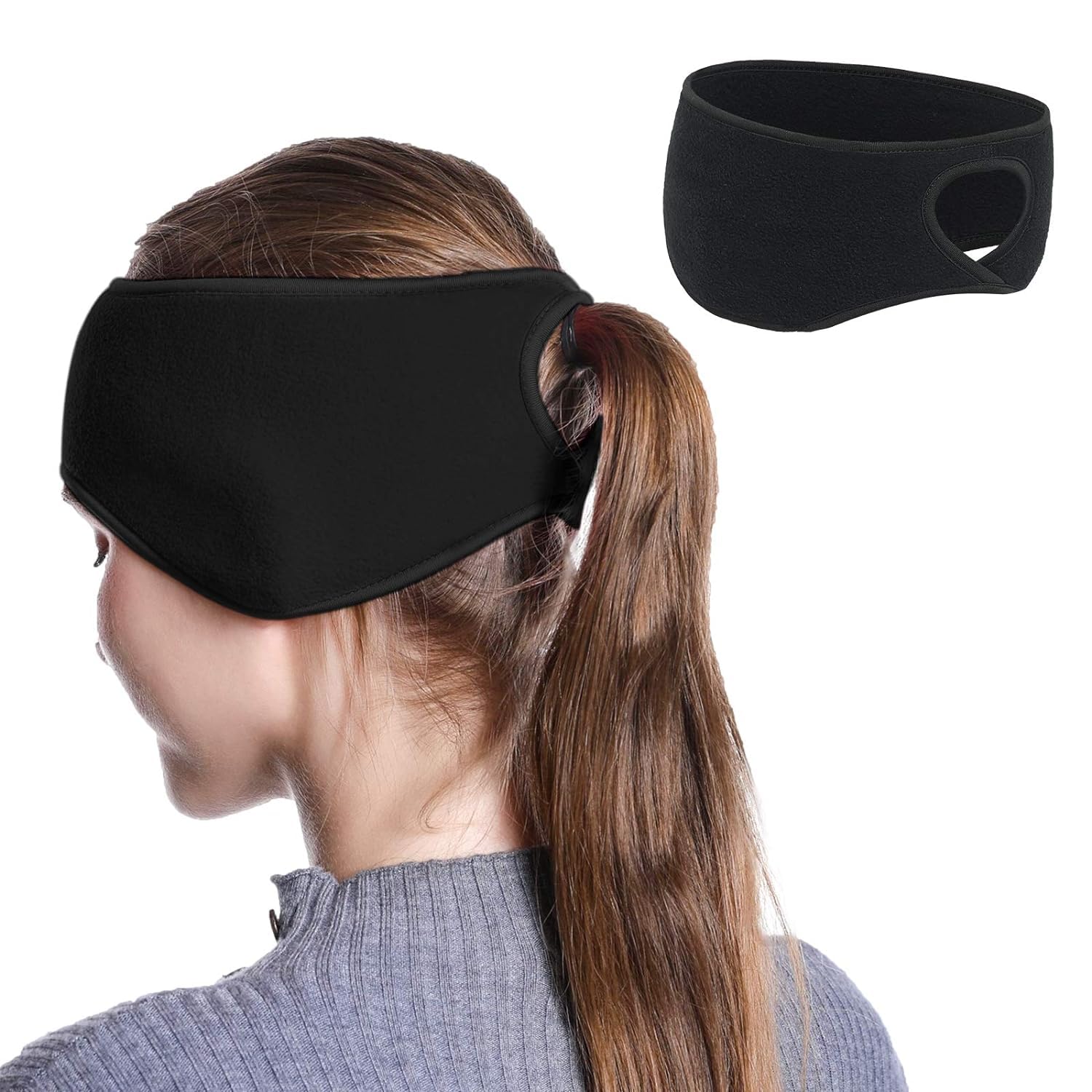 El Regalo 1PC Winter Fleece Ponytail Headband- Ear Warmer/Earmuff Headbands with Ponytail for Men, Women, Girls, Boys Fleece Ear Warmers Headband for Cold Weather Ski Yoga (Black)