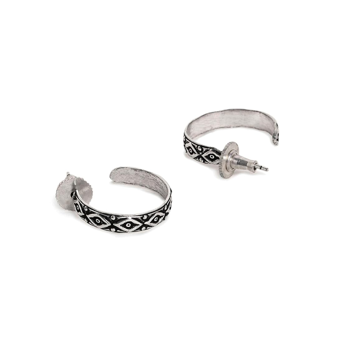 El Regalo 2 Pairs Tribal Oxidized Half Hoop Earrings, Huggie Earrings- Hammered Bohemian Oxidized German Silver Baali Earrings (Option-3)