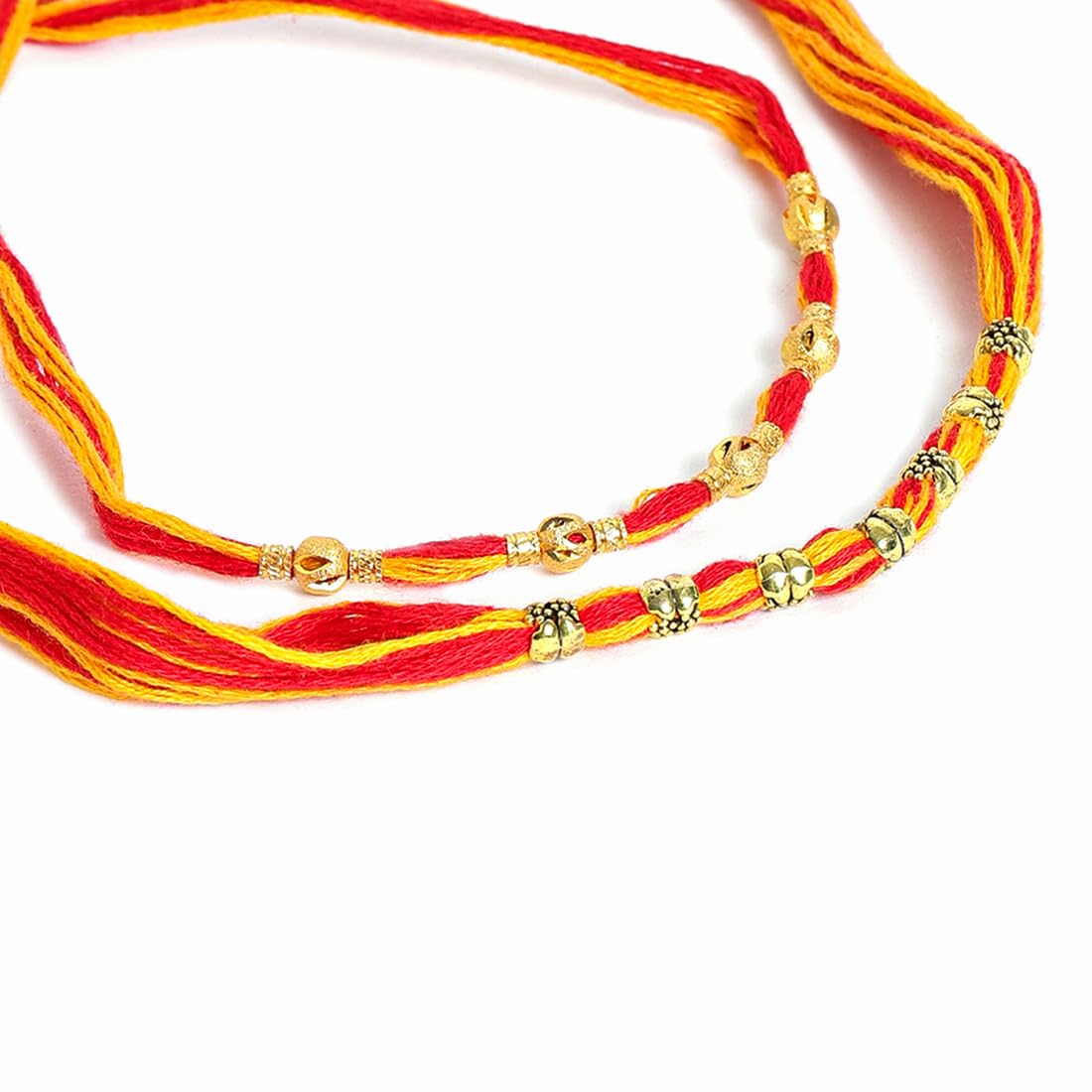 El Regalo 2PCs Red & Yellow Moli Thread Rakhi Combo Set for Brother- Auspicious OM, Ganesha, Satiya, Lion etc. Mauli Rakhi with Roli Chawal Shagun, Message Card in Rakhi Gift Box (Option-5)
