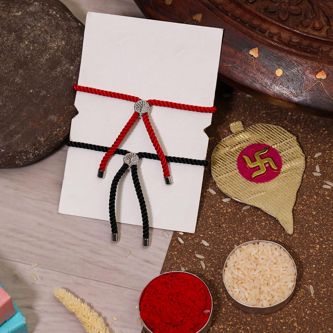 El Regalo 2PCs Auspicious OM/Swastik/Floral Hand Painted Bhaiya, Bhabhi Rakhi Set - Designer Rakhi Combo with Roli Chawal Shagun, Message Card in Rakhi Gift Box (Peacock & Flower Rakhi)