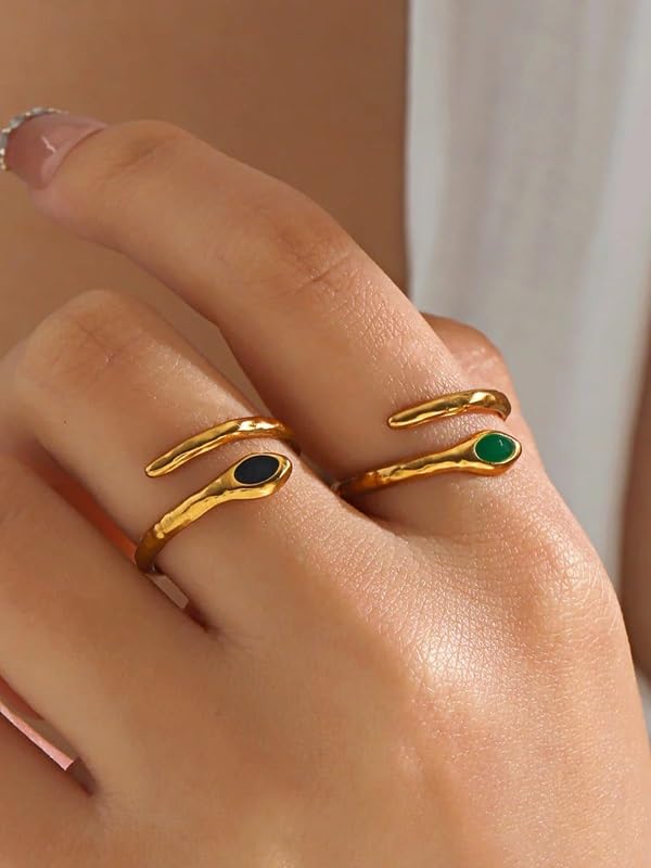 El Regalo Luxury Stainless Steel Snake Finger Ring- Waterproof Adjustable Snake Rings for girls & Women (Green Eye)