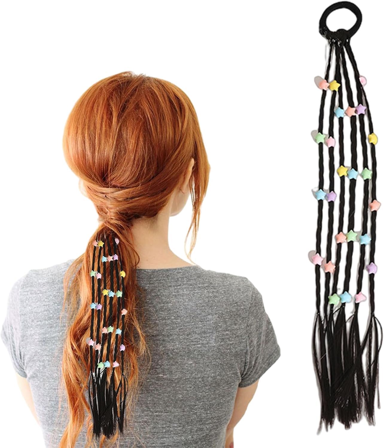 El Regalo 2PCs Cute Beaded Ponytail Hair Extensions Rubber Band- Stars & Hearts Beaded Braid Hairpieces for High Ponytail for Kids/Teen Girls/Women