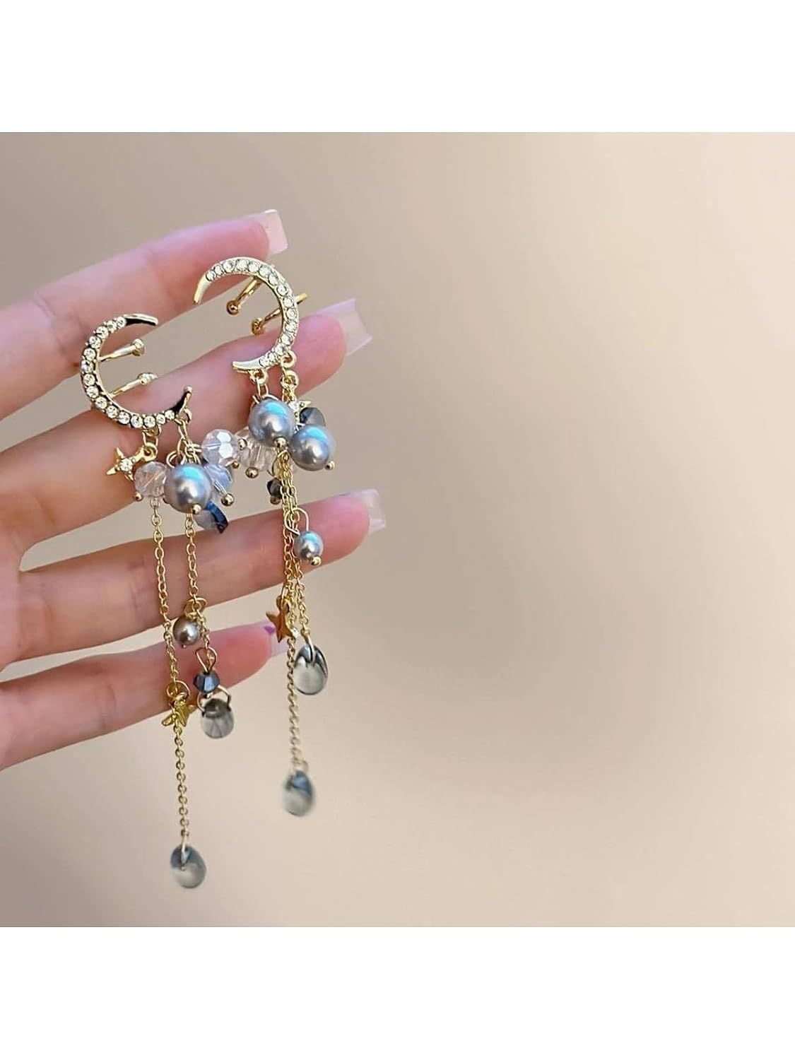 El Regalo Modern Moon Stars, Crystals, Pearls Tassel Ear Cuff Earrings for Non Pierced Ears- Trendy CZ Tassel Ear Cuffs/Clip On Earrings For Women