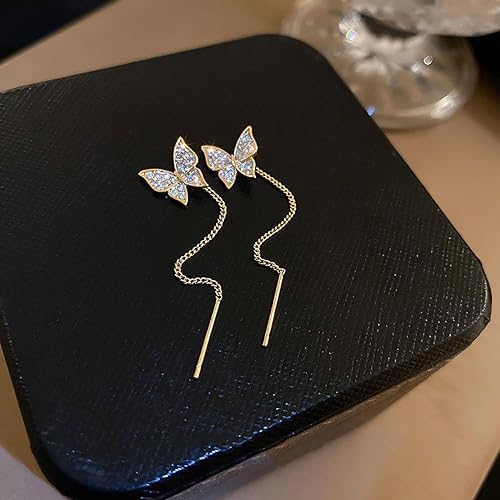 El Regalo CZ Butterfly Threader Chain Earrings for Women, Teen Girls- Butterfly Dangling Earrings- Rhinestone Butterfly Long Tassel Threader Dangle Earrings (Gold)