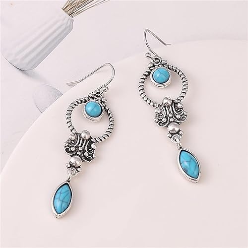 El Regalo Small Handmade Vintage Silver Tone Simulated Turquoise Dangle Drop Earrings for Women Girls- Retro Blue Stone Earrings