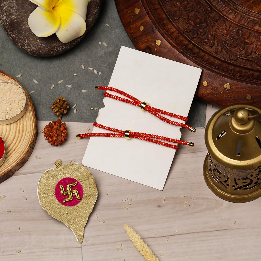 El Regalo 2PCs Designer OM & Ganesha Zircon Red Bracelet Rakhis for Brother/Bhabhi- Auspicious OM & Ganesha Rakhi Combo - Comes with Message Card, Roli-Chawal & Rakhi Box