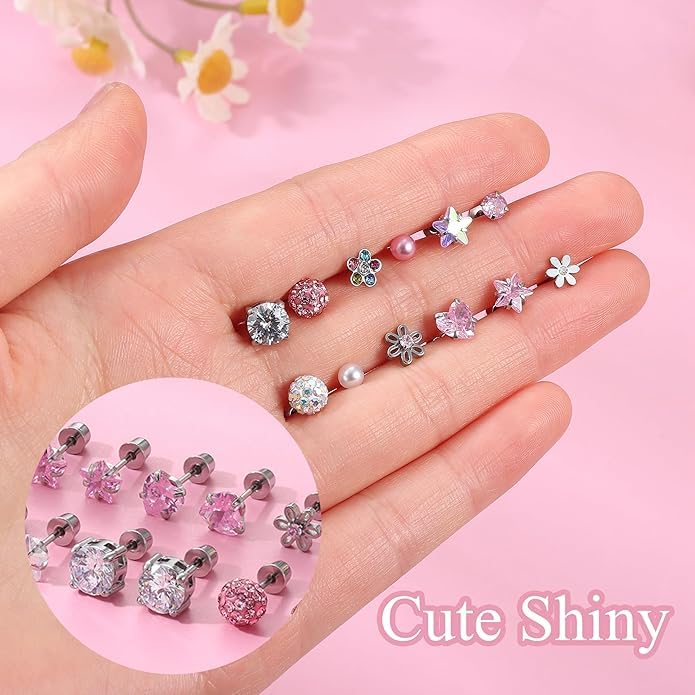 El Regalo 12 Pairs Cute & Tiny Screw Back Earrings Set for Women, Girls & Kids | 316L Stainless Steel Stud Earrings with Pearl, Heart, Flower & Star Designs | Comfortable Flat Back Screw Studs - Pink, Silver & Multicolor