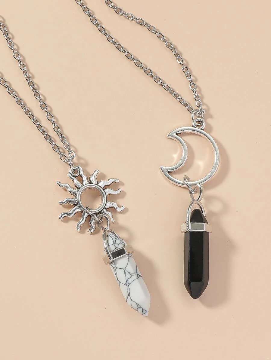 El Regalo 2Pcs BFF Best Friend Moon Sun Hexagonal Pointed Stone Pendant Necklace Set for Girls, Boys, Men, Women, Best Friend, Besties, Couples (Black & White)