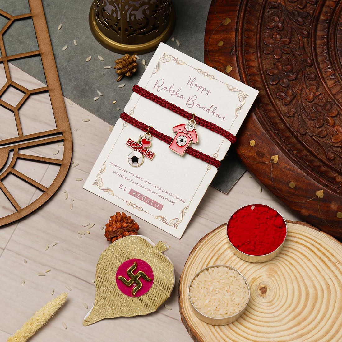 El Regalo Quirky 2PC Sports Rakhi for Kids | 2 Sport Balls Rakhis Combo Set for Brother/Niece/Nephew- Rakhi for Sports Lovers Bhai with Roli-Chawal, Message Card in Rakhi Gift Box (Option-7)