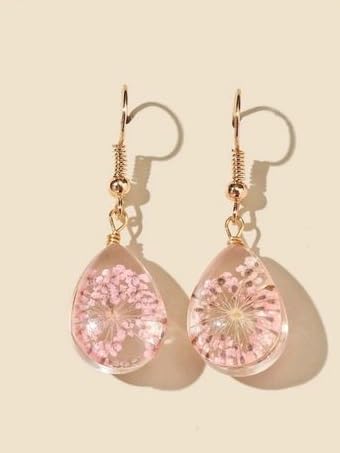 El Regalo Womens Handmade Glass Dried Flowers Gypsophila Earrings(Life Tree)- Beautiful Real Dried Flowers Pressed Drop Earrings (Pink Drop)
