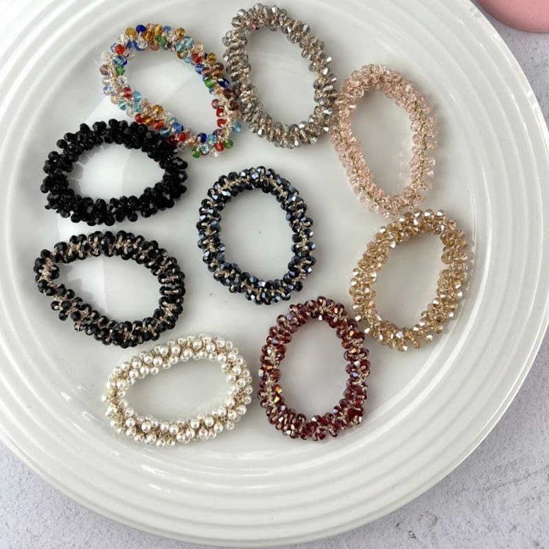 El Regalo 10PCs Crystal Rhinestone Hair Ties Set - Beaded Scrunchies & Ponytail Holders for Women - Soft, Durable, Stretchy Crystal Hair Accessories - Elegant Ponytail Fixer & Bracelet in 10 Mixed Colors