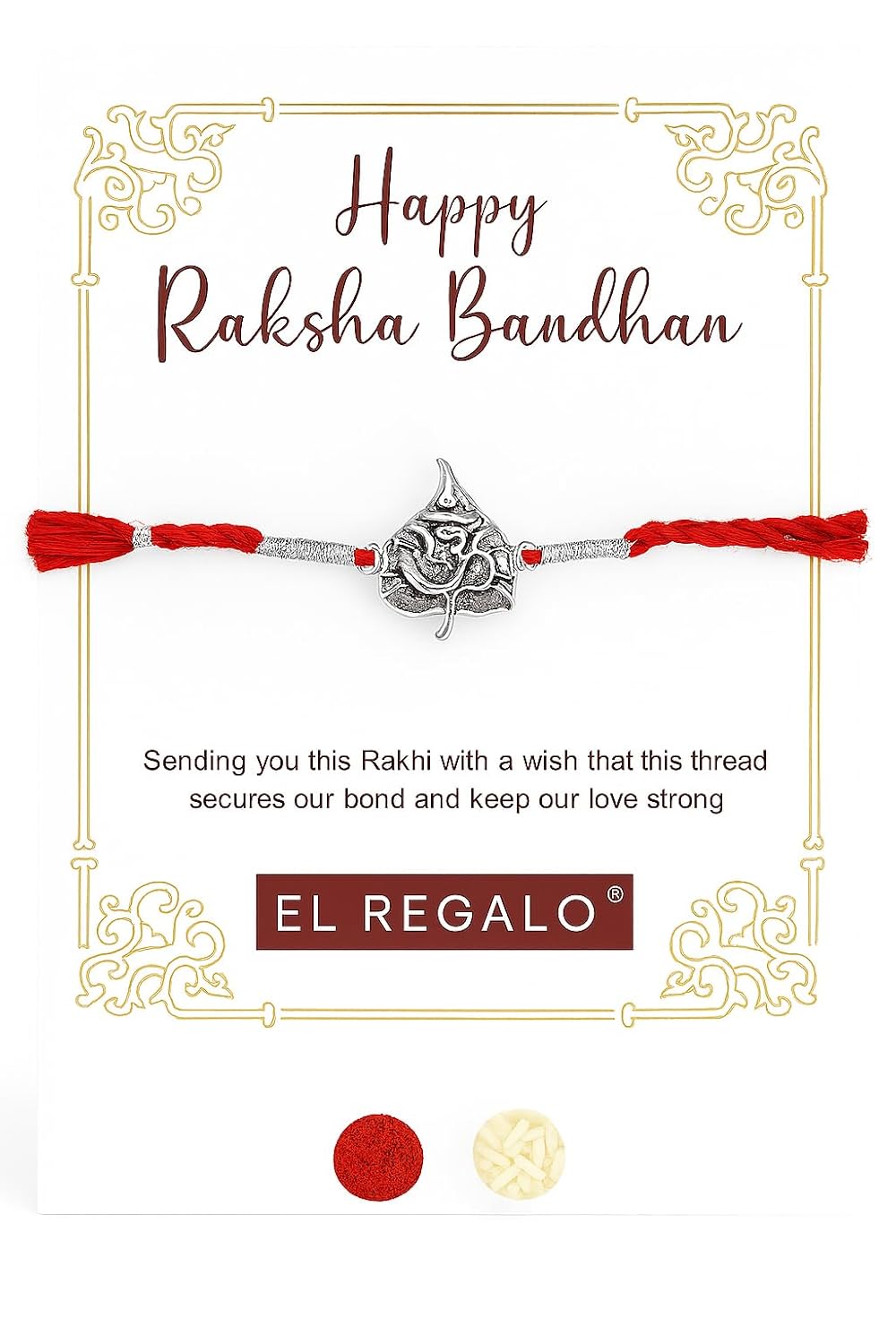 El Regalo 1PC Traditional Rakhi for Brother with Roli Chawal & Message Card | Designer Rakshabandhan Thread with OM, Shree Ram, Ganesha, Krishna Charms | Rakhi Gift Box Included (Genesha Leaf)