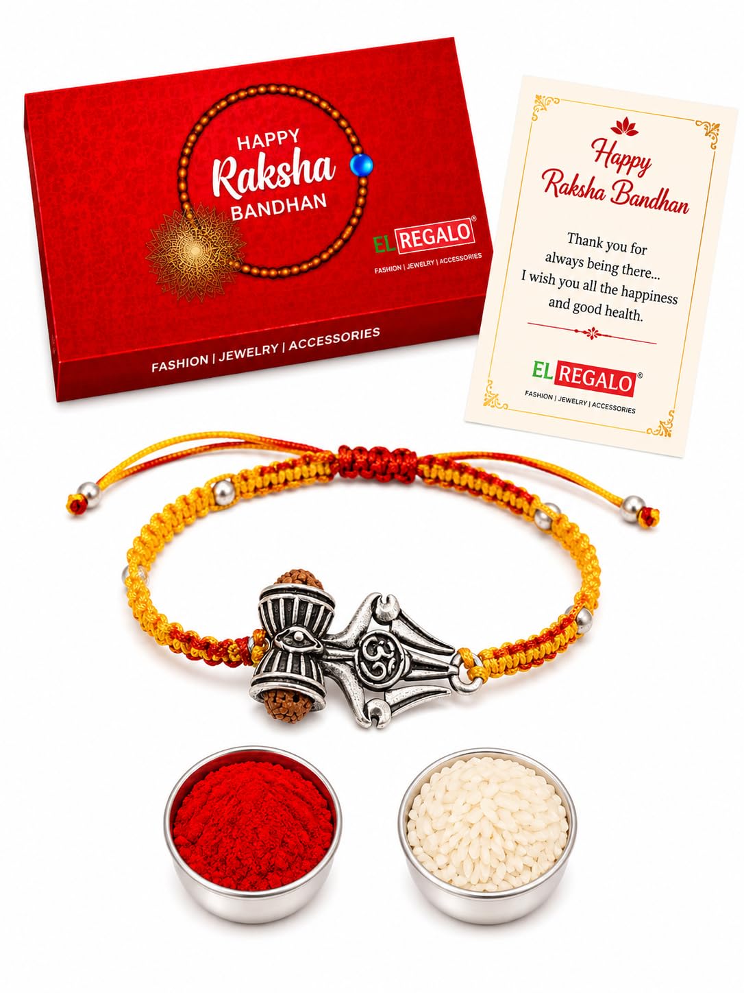 El Regalo 1PC Rudraksha Trident Rakhi for Brother with Roli Chawal, Message Card in Gift Box- OM, Trishul, Damru Rudraksha Rakhi for Bhai/Brother (OM)