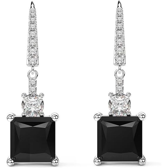 El Regalo Square Princess Cut Cubic Zirconia Dangle Earrings for Women & Girls | Elegant Drop Earrings in Black & Royal Blue Sapphire | 925 Silver Plated CZ Statement Earrings (Black)