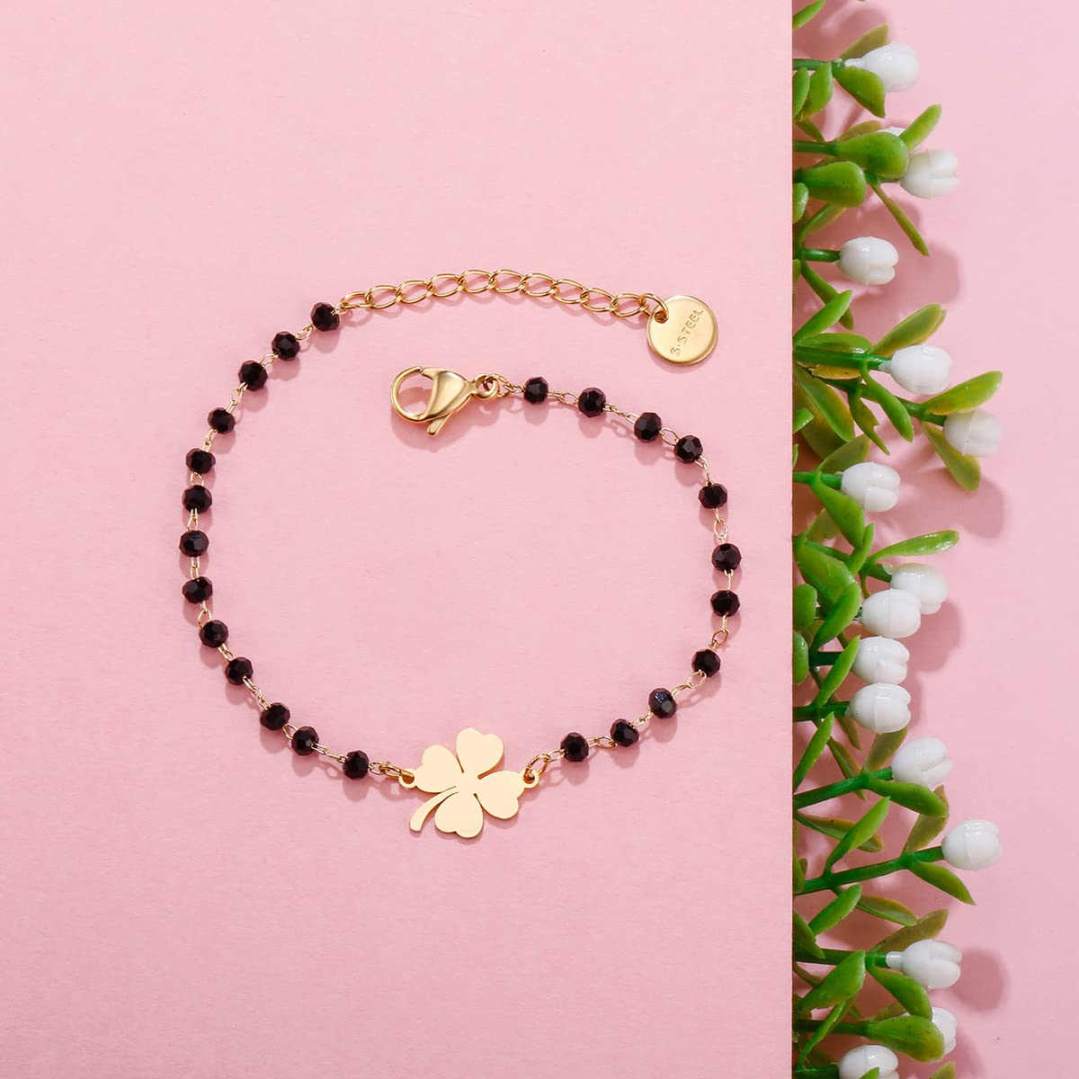 El Regalo Stainless Steel Mangalsutra Evil Eye Nazaria Bracelet- Black Crystal Beads Anti Tarnish Chain Bracelet for Girls/Women (Clover Leaf Nazaria Bracelet)