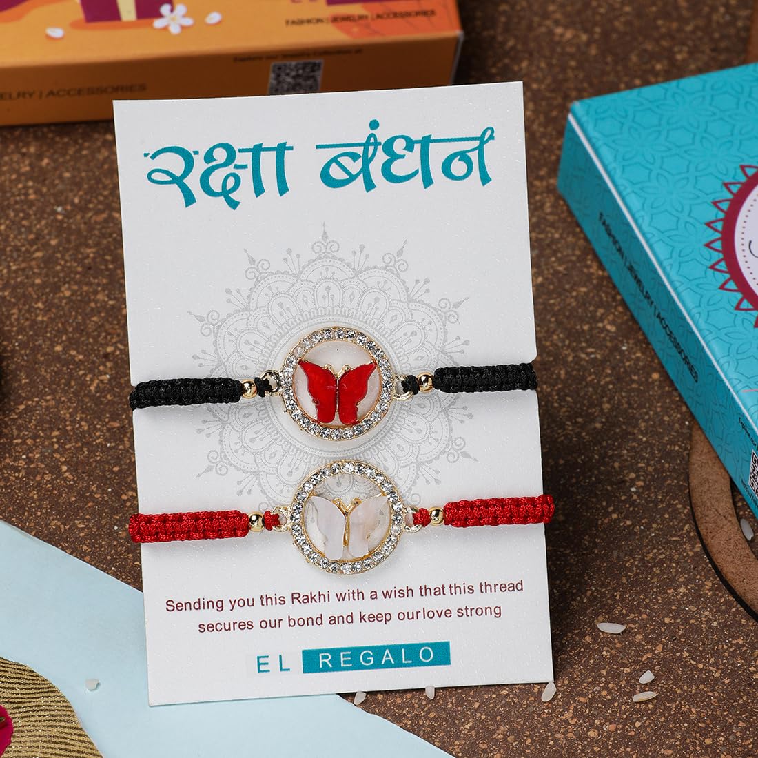 El Regalo 2 PCs Fancy CZ Butterfly Rakhis Combo Set - Beautiful 2 Rakhis Set with Roli Chawal, Rakhi Message Card in Rakhi Gift Box for Little Brother/Bhabhi/Niece/Nephew