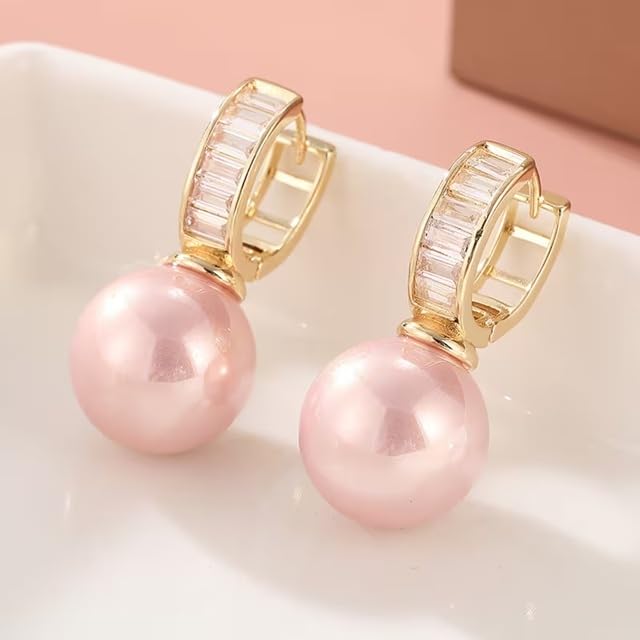 El Regalo Premium Inlaid CZ Pearl Hoop Earrings for Women & Girls | Elegant Korean Style Pearl Drop Huggie Earrings | Party, Wedding & Daily and Office Jewelry (Pink)