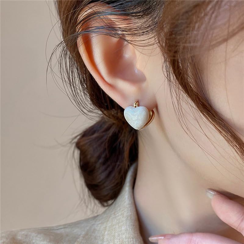 El Regalo Heart Hoops Earrings- Vintage Fashionable Bliss Heart Clip Double-sided Enamel Glaze Eternal Elegance Love Earrings for Women & Girls (Glazed Cream)