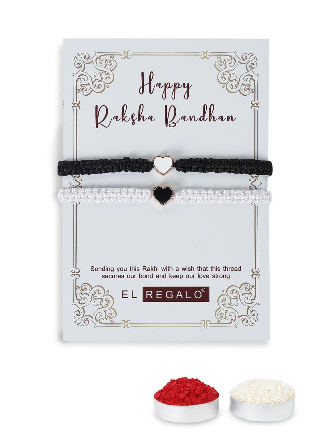 El Regalo 2PCs Minimalist & Elegant Heart Bracelet Rakhi Combo Set for Brother/Bhai/Bhaiya-Bhabhi with Roli-Chawal & Rakhi Gift Box - Handwoven, Beautifully Packaged (Black & White)