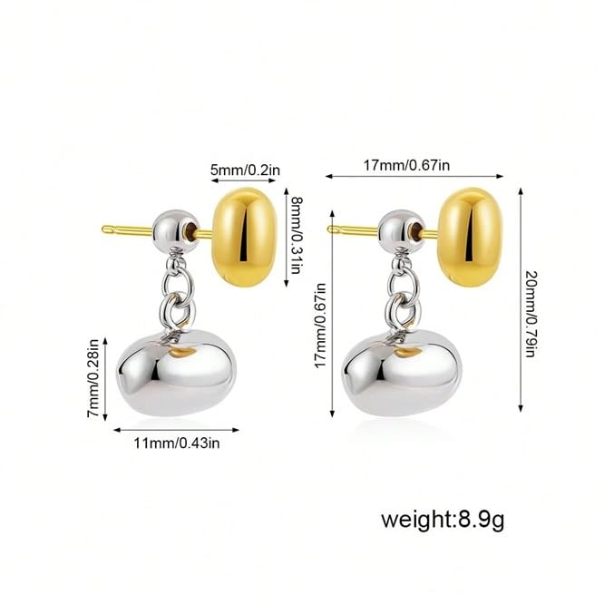 El Regalo Tiny Two Tone Teardrop Stud Earrings for Girls & Women- 2-in-1 Gold Silver Front Back Oval Bean Dangle Earrings