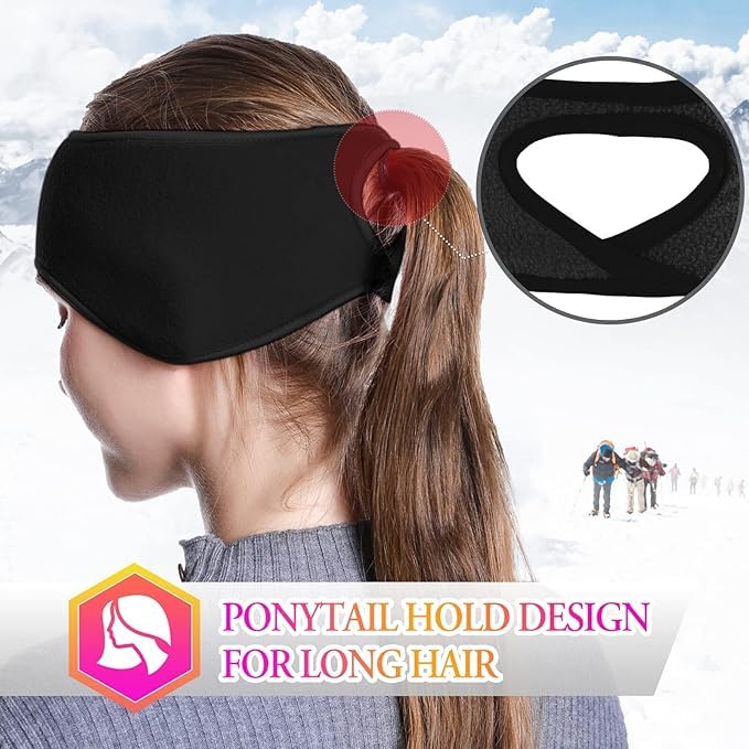 El Regalo 2 PCs Winter Fleece Ponytail Headbands- Ear Warmer/Earmuff Headbands with Ponytail for Men, Women, Girls, Boys Fleece Ear Warmers Headband for Cold Weather Ski Yoga (Black & Grey)