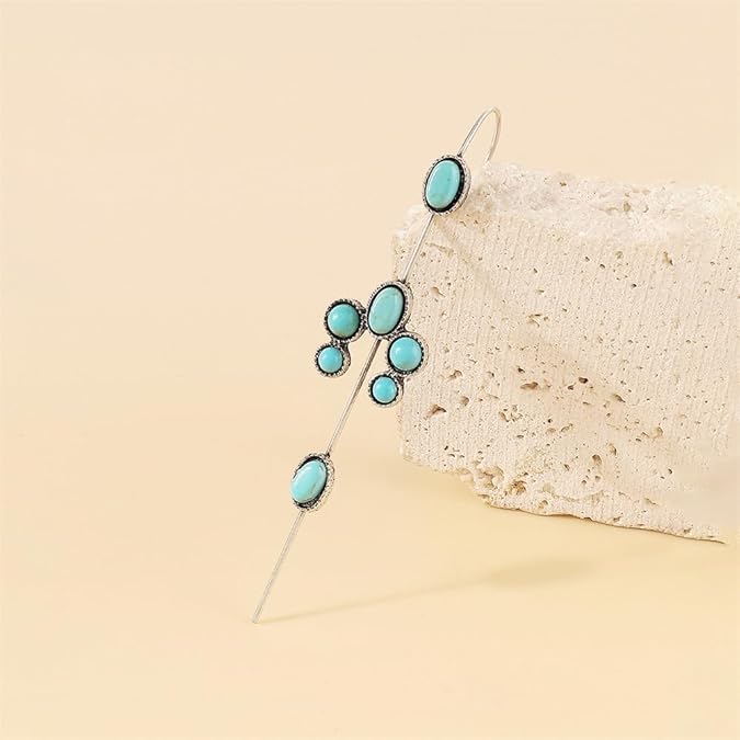 El Regalo 2PCs Turquoise Ear Wrap Crawler Hook Stud Earrings for Women Girls- Long Bar Piercing Ear Cuffs Boho/Bohemian Statement Earrings (Style-1)