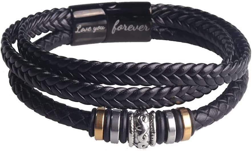 El Regalo Stainless Steel Men Leather Bracelet Love You Forever with Magnetic Clasp- Handmade Braided Rope Bracelet with Hypoallergenic Magnetic Clasp
