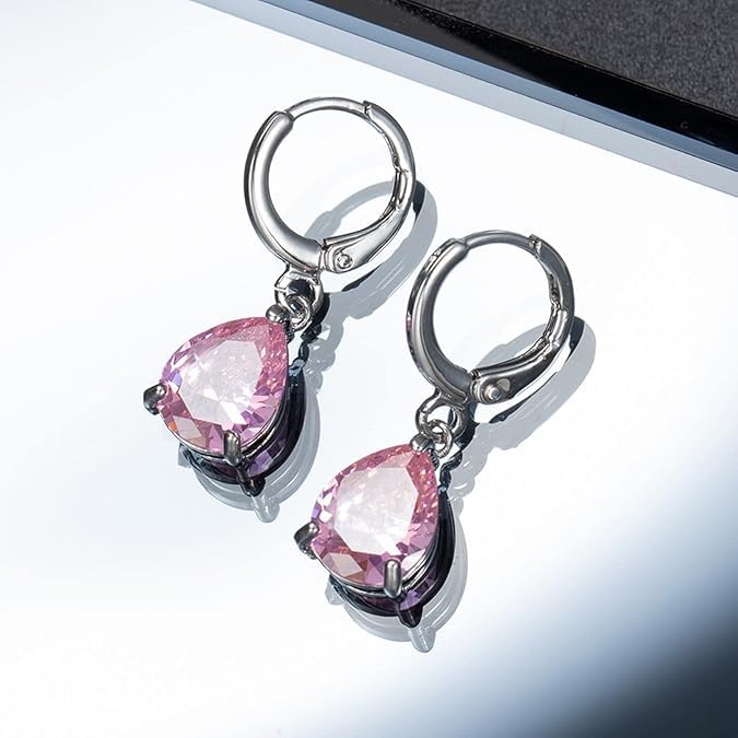 El Regalo Cute Cubic Zirconia Cut Stones Hoop Earrings for Girls & Women- Classic Teardrop Shape Zircon Drop Dangle Earrings (Baby Pink)