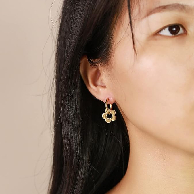 El Regalo Cute Stainless Steel Flower Huggie Hoop Earrings for Girls & Women- Anti-Tarnish, Waterproof Daisy Floral Hoops