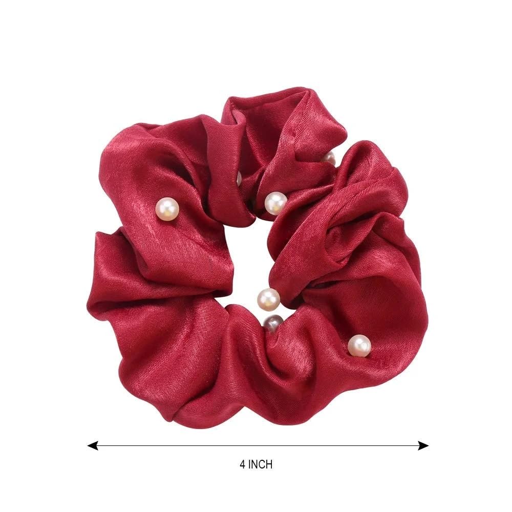 El Regalo 3 PCs Satin Silk Pearls Hair Scrunchies for Women/Girls- No Damage Silk Hair Ties with Delicate Pearls - Soft, Smooth & Shiny Hair Accessories (Color option-2)